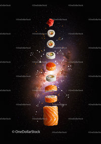 Floating Salmon Sushi Roll Ingredients with Galaxy Background