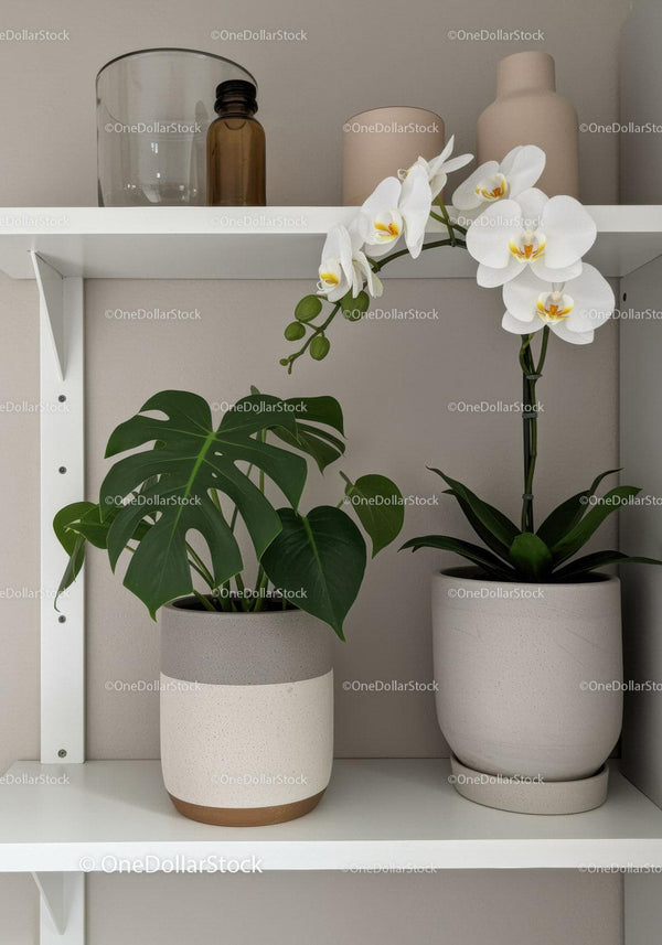 Modern Home Interior with White Orchid and Monstera Plant