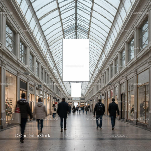 People walking through bright indoor shopping arcade JPG Mockup Image