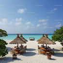 Tropical Beach with Straw Umbrellas and Wooden Tables Under Blue Sky