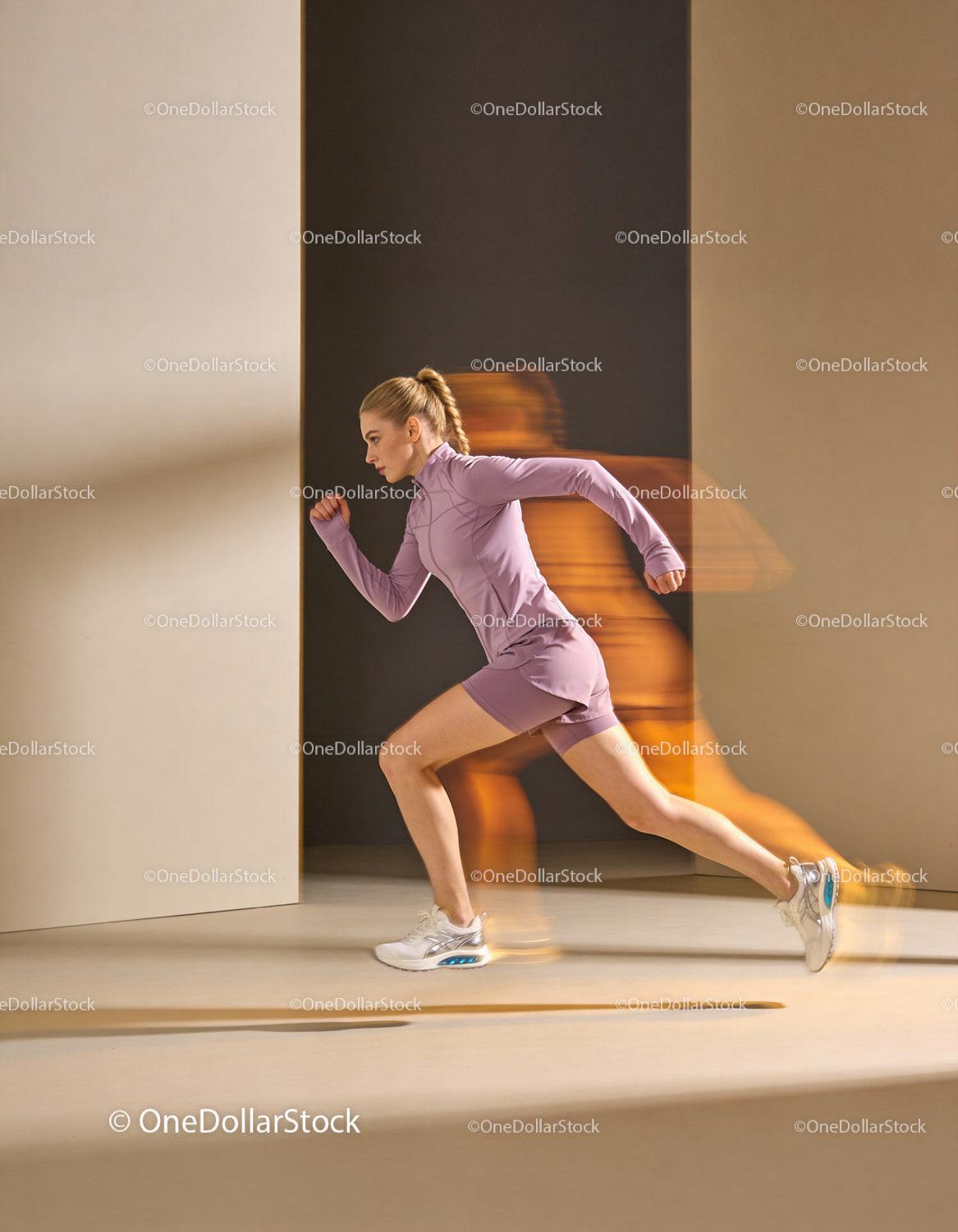 Athletic woman sprinting with dynamic motion blur effect