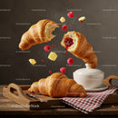 Fresh croissants with raspberry jam and butter cubes