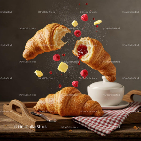 Fresh croissants with raspberry jam and butter cubes