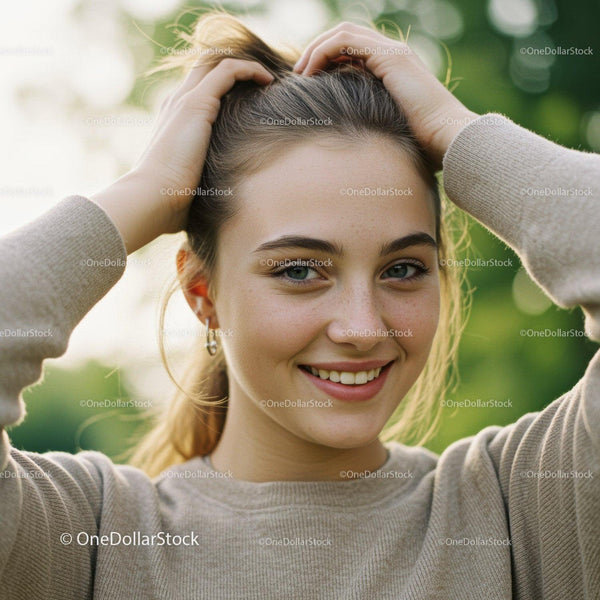 Young Woman Smiling Outdoors in Natural Setting with Greenery