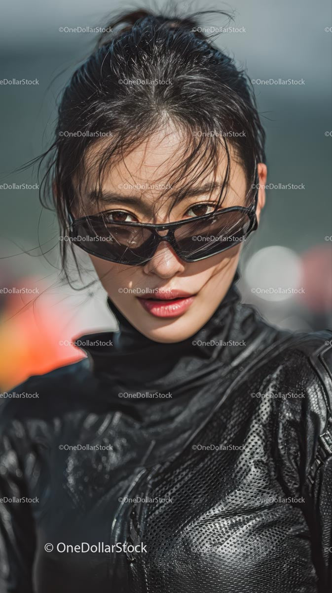 Confident Young Woman in Stylish Black Outfit and Sunglasses