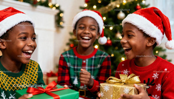 Joyful children exchanging Christmas gifts indoors