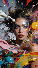 Woman with Colorful Face Paint Surrounded by Paint Splashes