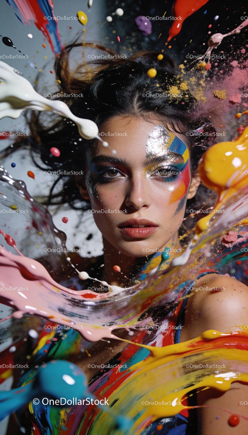 Woman with Colorful Face Paint Surrounded by Paint Splashes