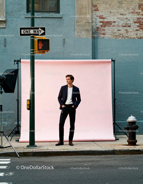 Stylish man posing on city street with pink backdrop