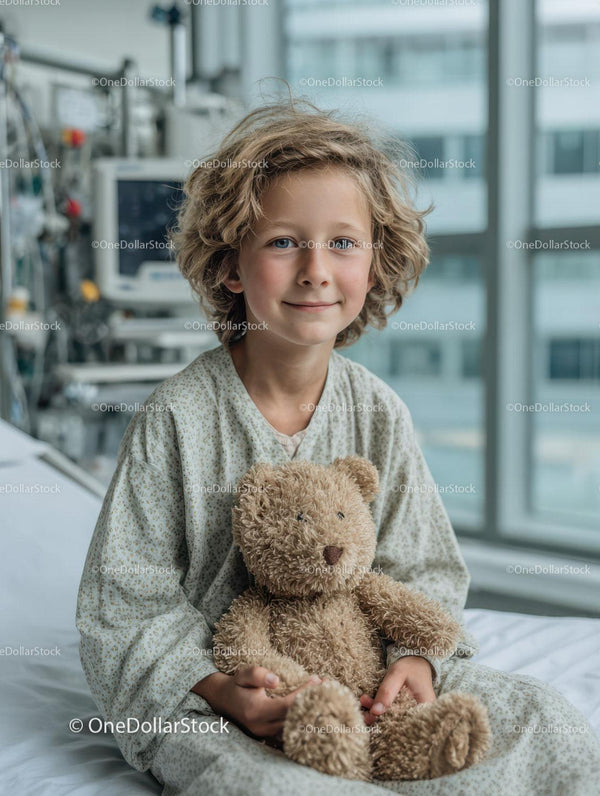 Cheerful Boy with Teddy Bear in Hospital Room