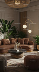 Cozy living room with warm tones and lush green plants