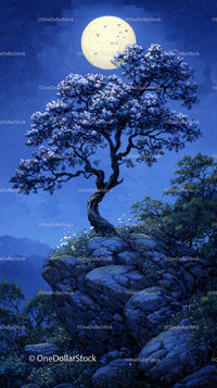 Beautiful Moonlit Tree with Blossoms Over Rocky Landscape Scene