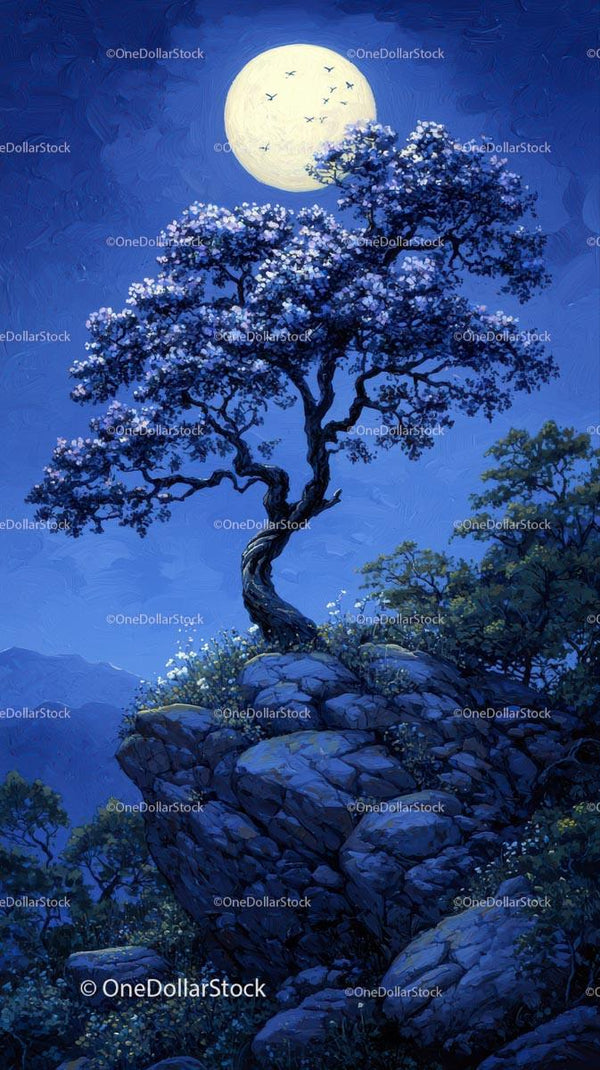 Beautiful Moonlit Tree with Blossoms Over Rocky Landscape Scene