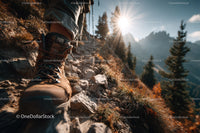 Close-up of Hiking Boot on Rocky Mountain Trail with Sunlight