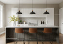 Modern Minimalist Kitchen with White Cabinets and Black Pendant Lights
