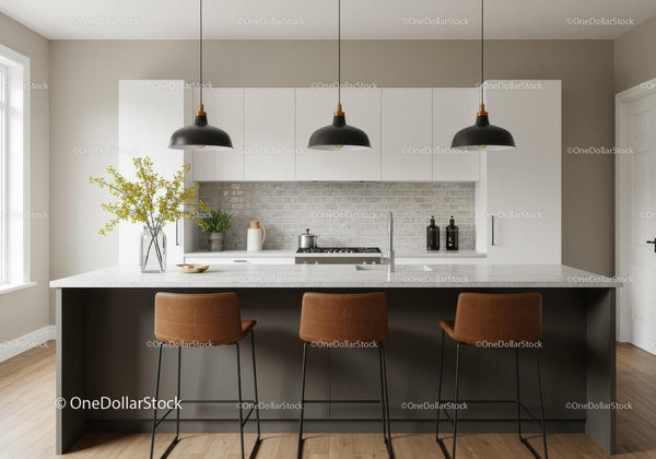 Modern Minimalist Kitchen with White Cabinets and Black Pendant Lights