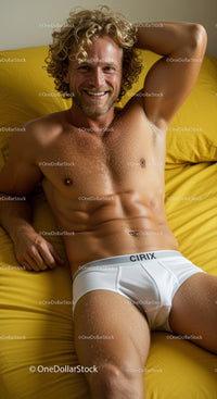 Smiling muscular man relaxing on yellow bed in white briefs