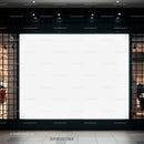 Empty illuminated storefront display at night in urban area