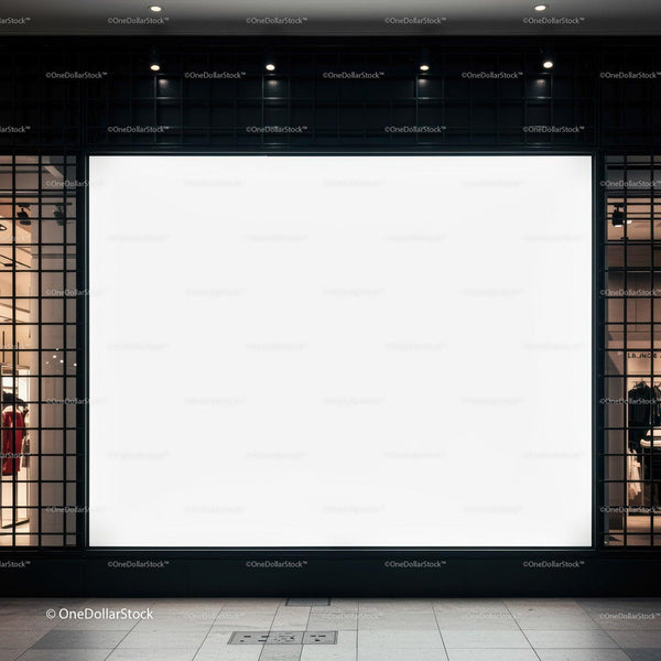 Empty illuminated storefront display at night in urban area JPG Mockup Image