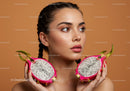 Portrait of a Woman Holding Dragon Fruit with Perfect Makeup and Natural Style