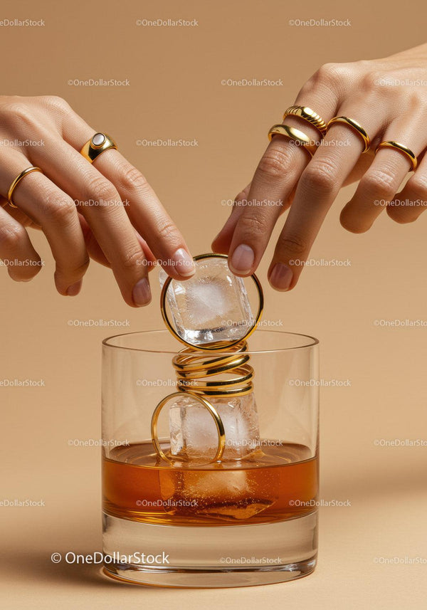 Woman adding ice cubes to whiskey glass with gold rings