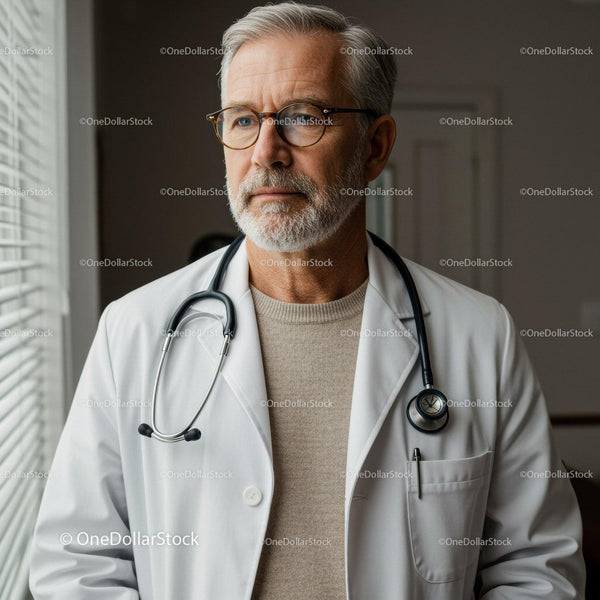 Starszy lekarz mężczyzna z siwymi włosami i stetoskopem w warunkach klinicznych