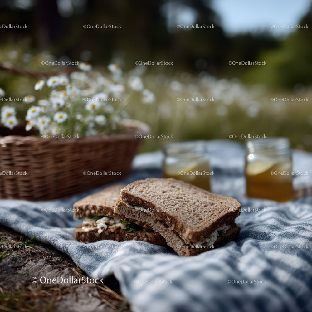 Fresh Peanut Butter and Jelly Sandwiches on Rustic Picnic Setting