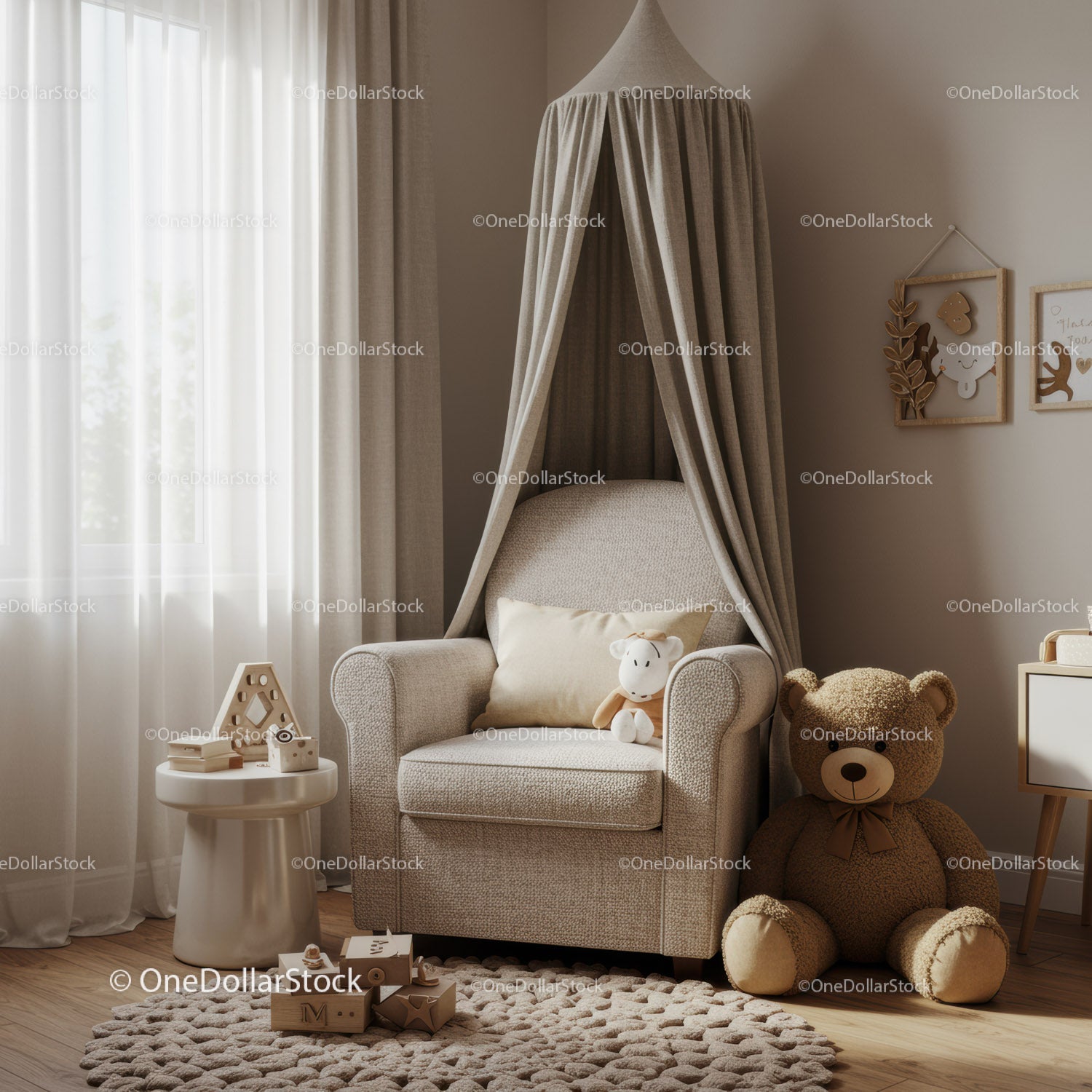 Cozy nursery corner with armchair and large teddy bear