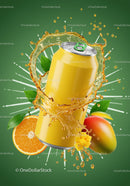 Refreshing mango and orange soda can with splash