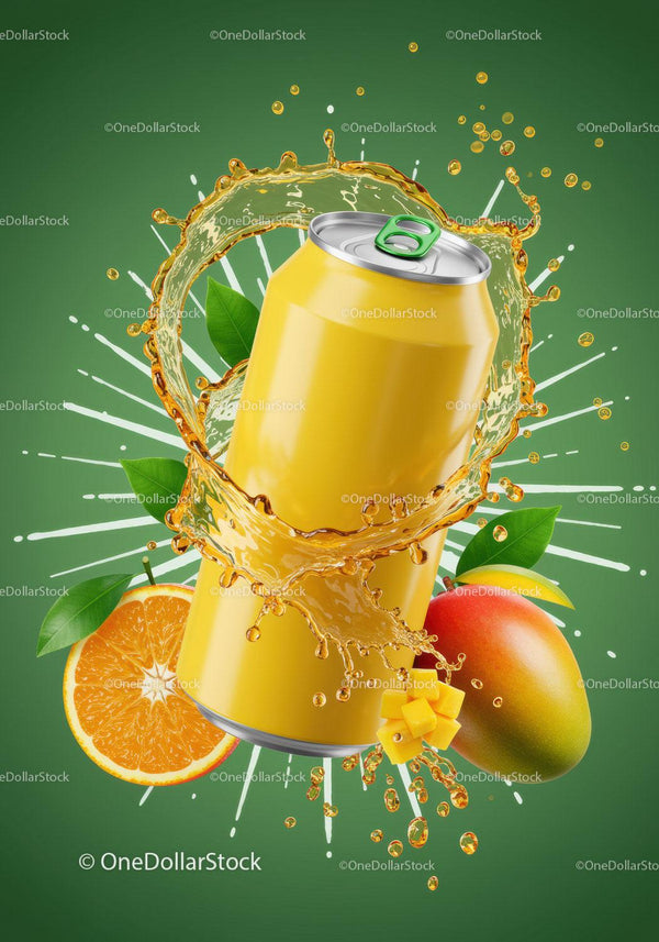 Refreshing mango and orange soda can with splash JPG Mockup Image