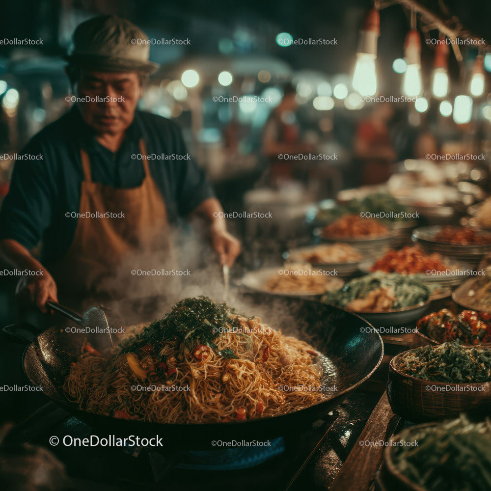 Street Food Vendor Cooking Noodles in Bustling Night Market