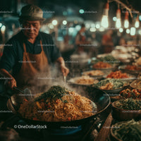 Street Food Vendor Cooking Noodles in Bustling Night Market