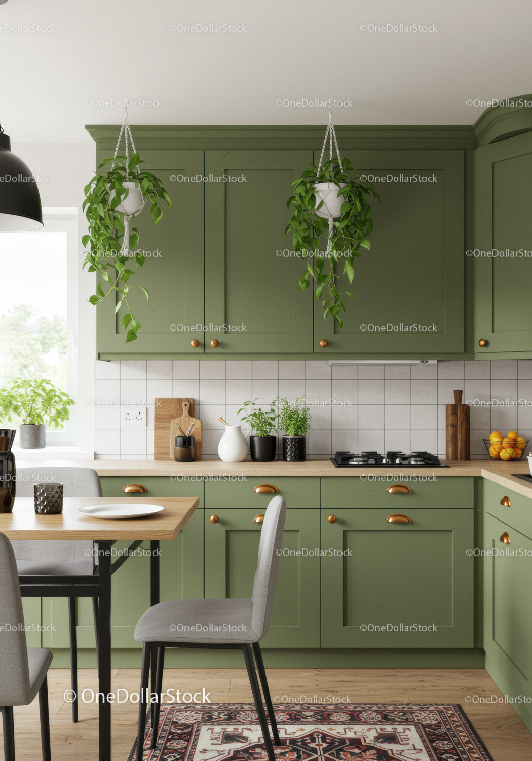 Modern Green Kitchen with Hanging Plants and Cozy Dining Area