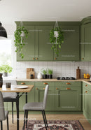 Modern Green Kitchen with Hanging Plants and Cozy Dining Area