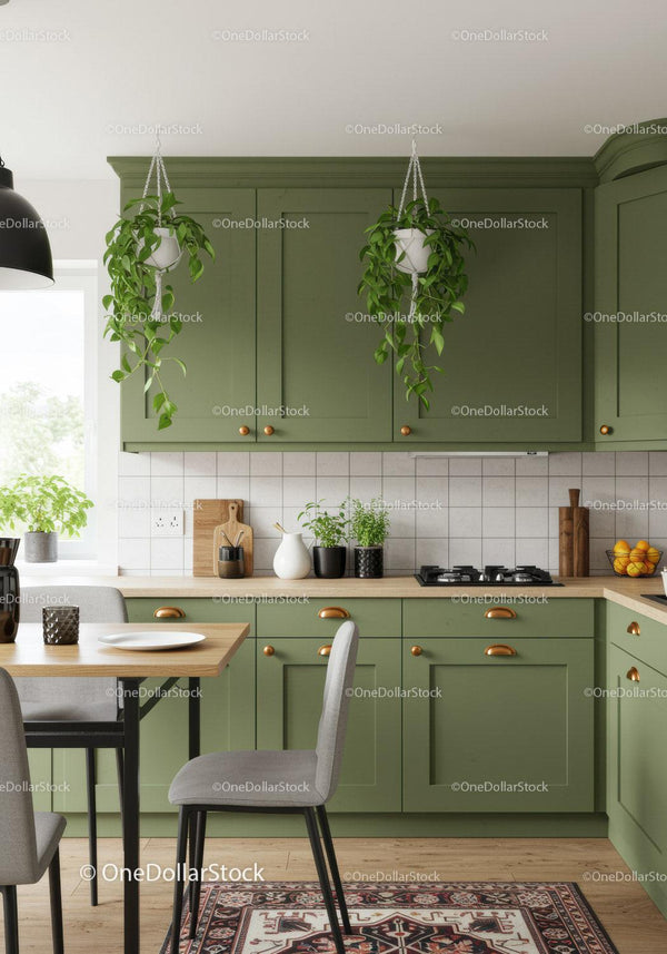 Modern Green Kitchen with Hanging Plants and Cozy Dining Area