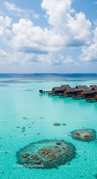 Tropical Overwater Bungalows with Clear Turquoise Sea and Scenic Horizon