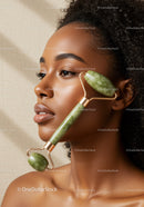 Elegant Woman Using Jade Roller for Facial Skin Rejuvenation