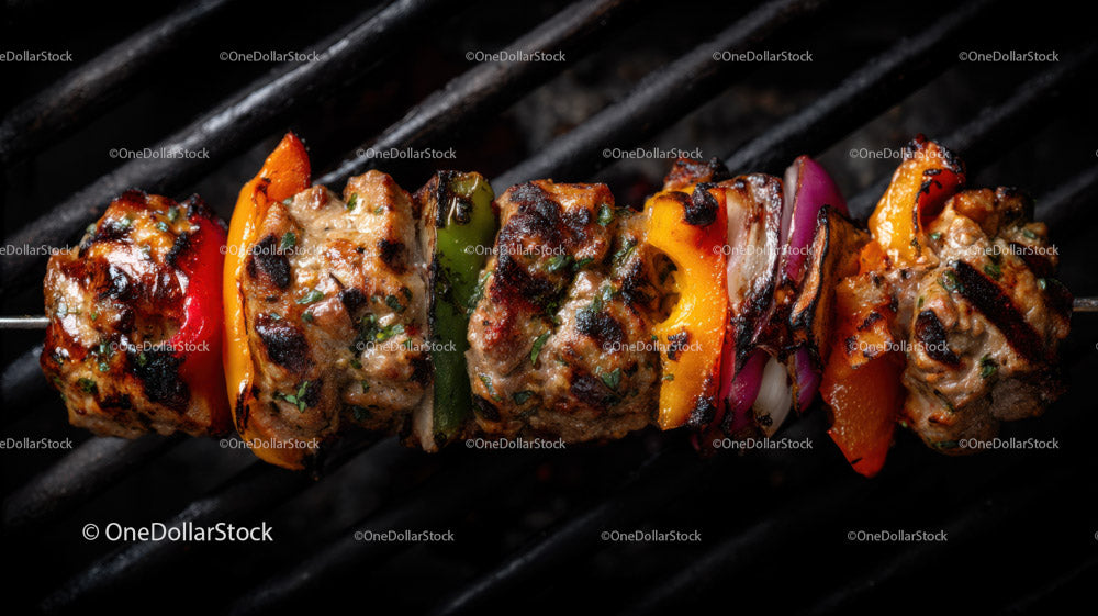Juicy Grilled Meat Skewers with Charred Edges on Open Flame