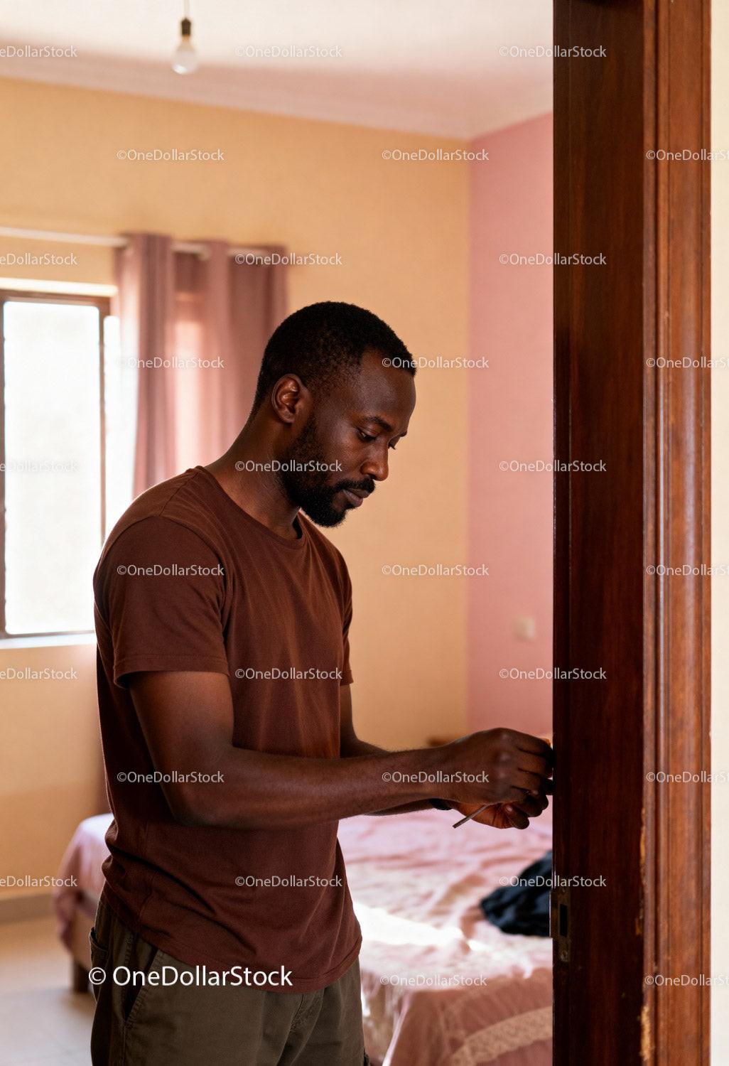 Man unlocking wooden door in softly lit bedroom