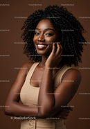 Elegant African American Woman with Curly Hair Smiling in Studio