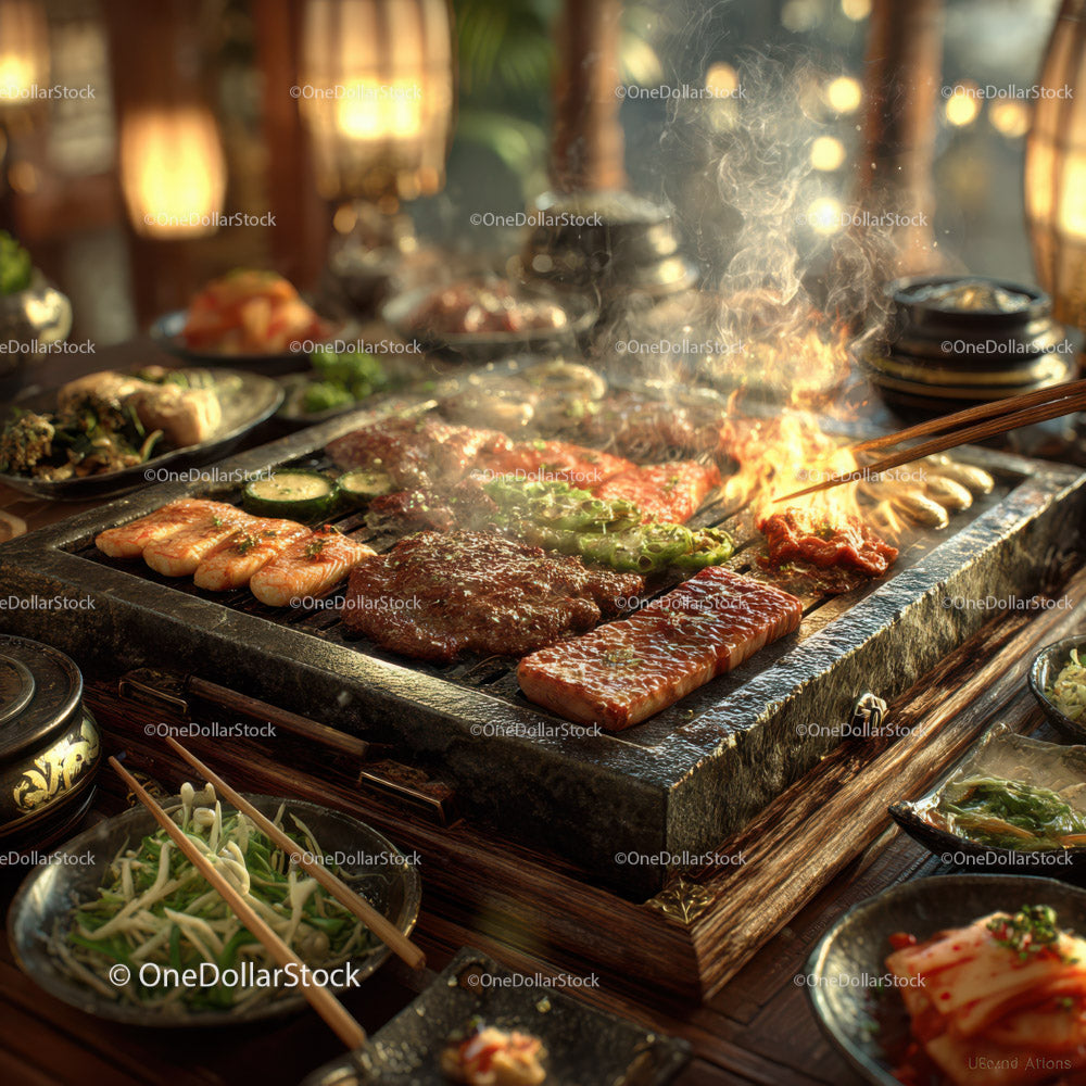 Traditional Asian Barbecue with Grilled Meat and Vegetables