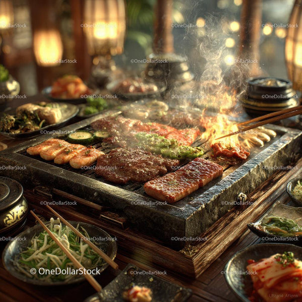 Traditional Asian Barbecue with Grilled Meat and Vegetables