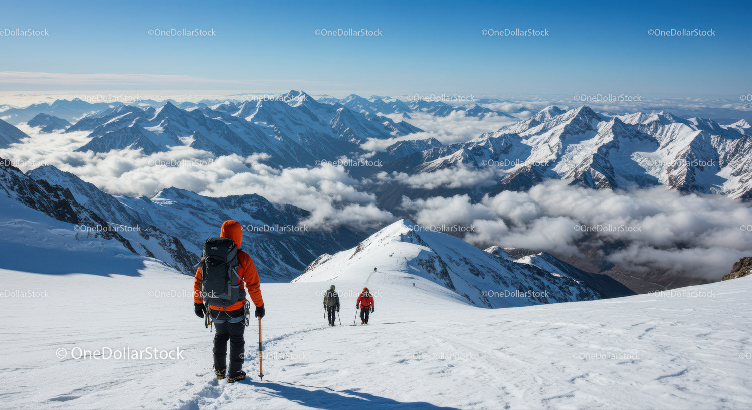 Snowy Mountain Trek with Hikers Under Clear Blue Sky