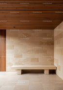 Modern Interior with Beige Stone Walls and Wooden Ceiling