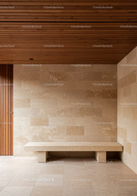 Modern Interior with Beige Stone Walls and Wooden Ceiling