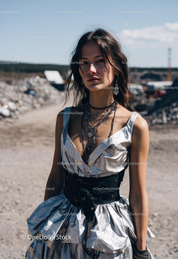 Edgy Metallic Dress with Layered Jewelry in Outdoor Summer Setting