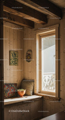 Cozy wooden interior with window and cushions