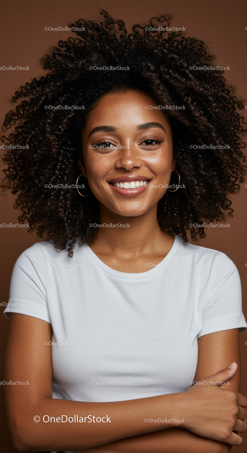 Young Woman with Curly Hair Smiling Confidently in Casual Clothing
