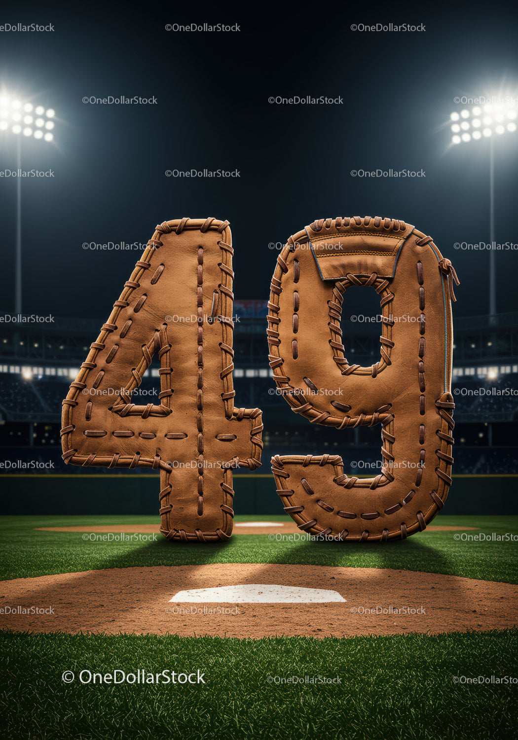 Baseball themed number 49 on illuminated field