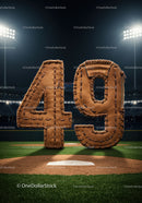 Baseball themed number 49 on illuminated field